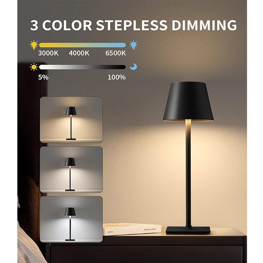 Lampe de table sans fil, lampe de bureau LED portable, fonctionne sur batterie 5000 mAh, 3 couleurs à intensité variable, pour restaurant, chambre à coucher, bars, fête en plein air, camping, café, veilleuse d'ambiance