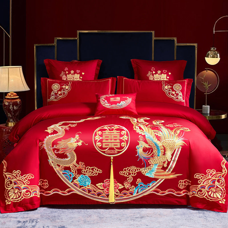 Conjunto de cuatro piezas para boda roja, venta al por mayor, ropa de cama bordada de algodón puro para boda, edredón Xi para cama de matrimonio, dragón y fénix