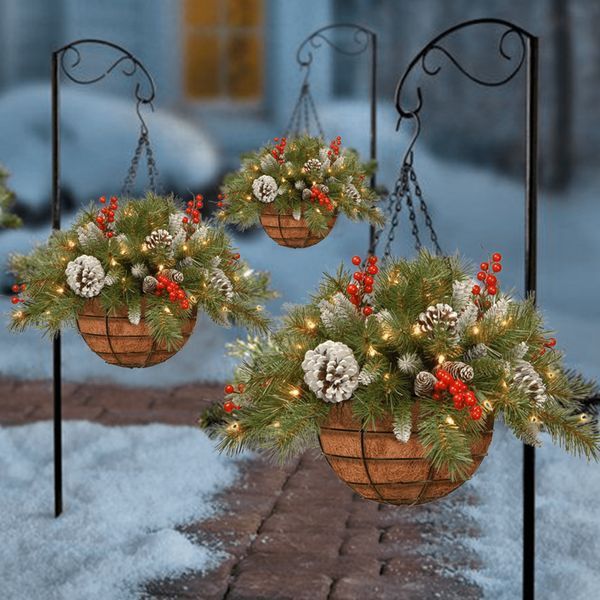 Pre-lit Artificial Christmas Hanging Basket, Mixed Decorations And White LED Lights