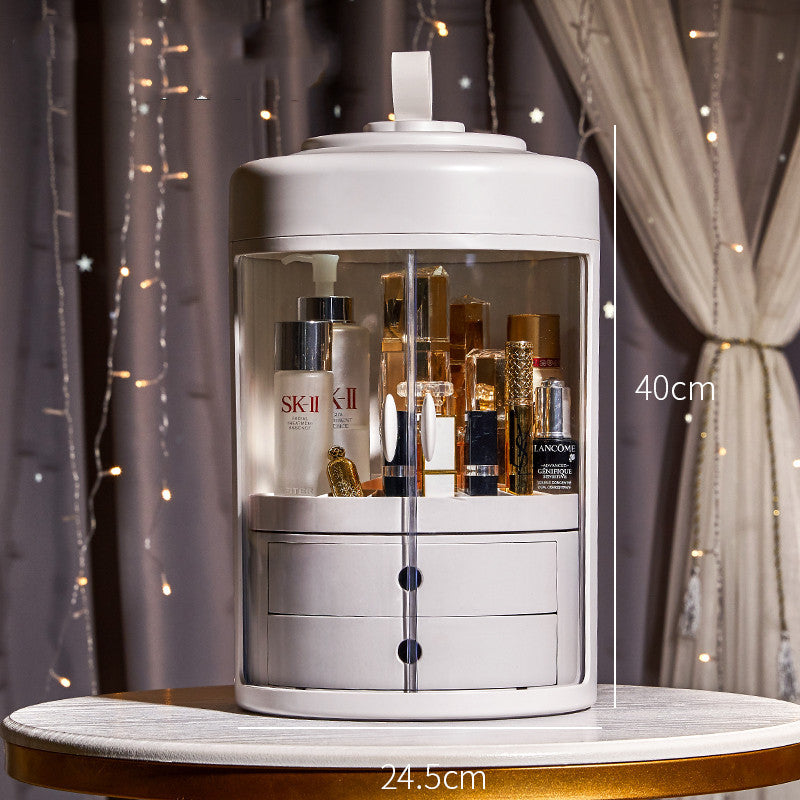 Dressing Table Transparent ABS Dressing Case Double Door Round Cosmetic Box Rotating Jewelry Cosmetic Case With Drawer