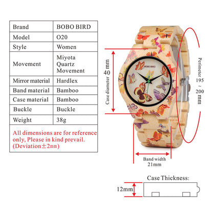 BOBO BIRD O20 Relojes con estampado de mariposas para mujer Reloj de pulsera de cuarzo totalmente fabricado en bambú para mujer en caja de regalo de madera