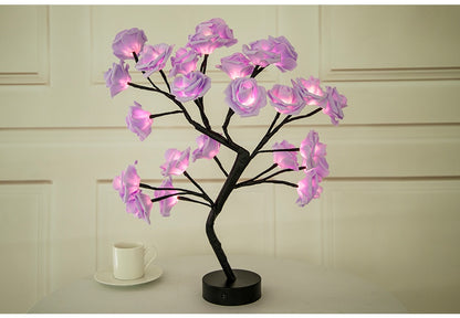 Lámpara de flores rosas, lámpara de mesa LED con batería USB, luces nocturnas de árbol bonsái, guirnalda de luces decorativas para dormitorio, decoración del hogar