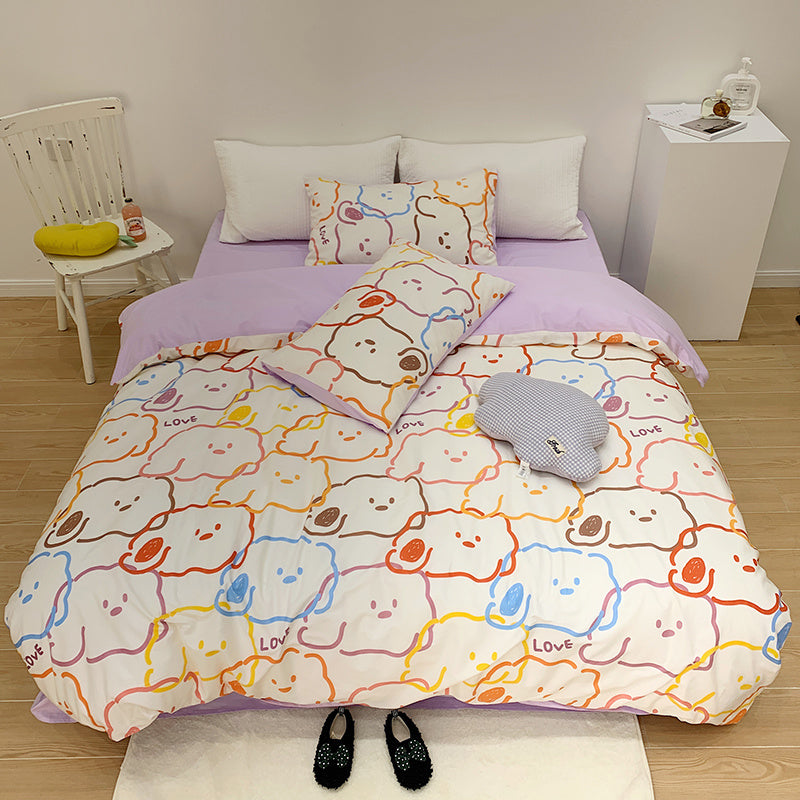 Ensemble de quatre pièces en coton pour fille, housse de couette en pur coton et lin avec motif de cœur et dessin animé