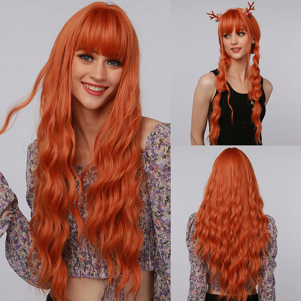 Peluca de Halloween de moda para mujer, color naranja, volumen pequeño, mecanismo de flequillo Qi, tocado