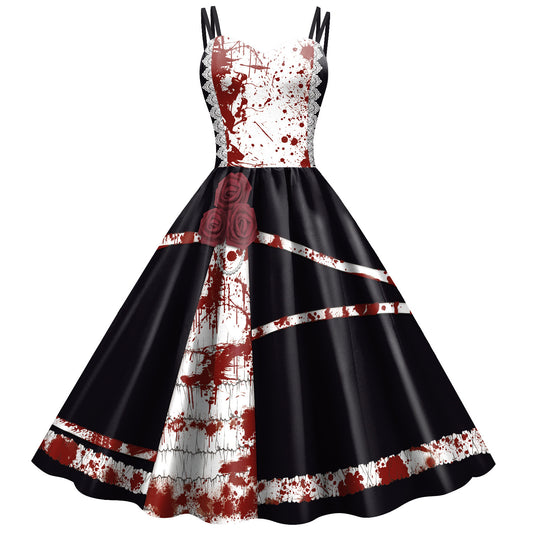 Vestido de tirantes aterrador con estampado digital para mujer con falda de Halloween