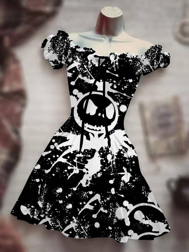 Vestido con cordón y estampado digital 3D de calaveras de Halloween