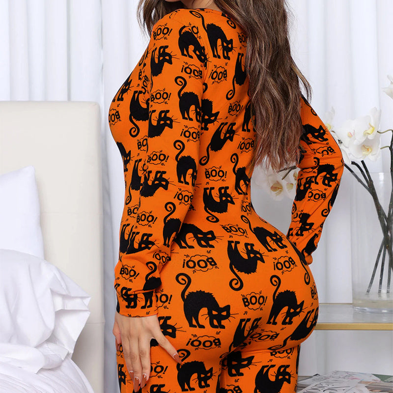 Mono estampado de Halloween, pijamas de manga larga para el hogar, pantalones casuales, ropa Cos para mujer