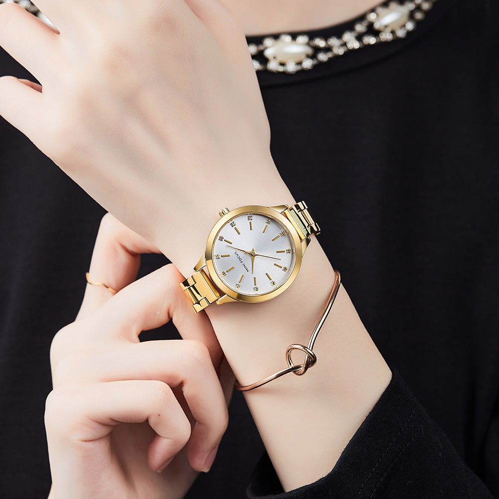 Montre simple étanche avec bracelet en acier massif et strass pour femmes