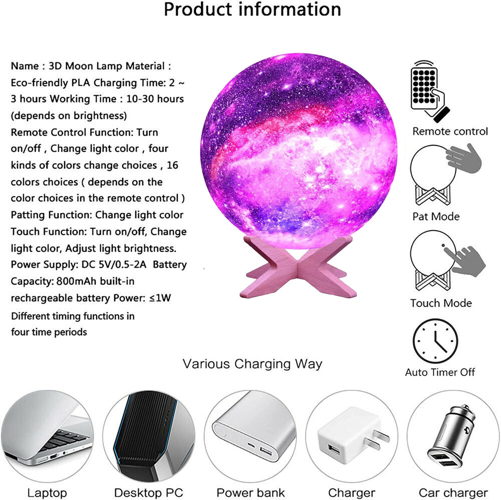 Impression 3D Lampe Galaxie Clair de Lune USB LED Nuit Lunaire Lumière Tactile Couleur Changeante Lune Lampe