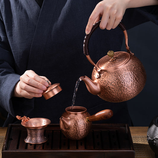 Tetera de cobre hecha a mano, tetera de cobre puro, estufa eléctrica de cerámica con mango lateral, juego de té saludable, tetera de cobre