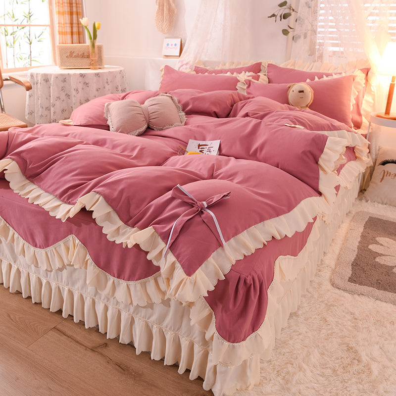 Light Luxury Nude Sleeping Princess Style Four-piece Lotus Leaf Lace Double Bed Sheet Duvet Cover With Bed Skirt Girl Solid Color Bed