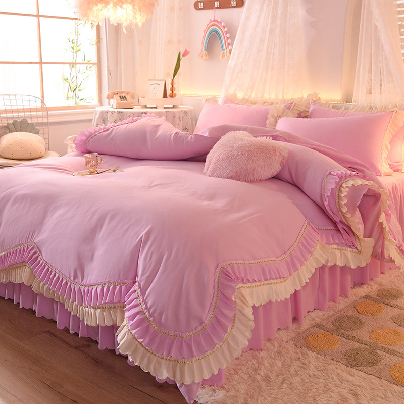 Sábana de lujo ligera para cama de matrimonio con encaje de hojas de loto, estilo princesa para dormir, de cuatro piezas, con falda de cama, color liso para niña