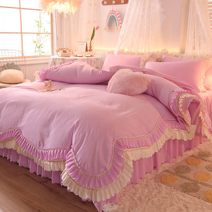 Sábana de lujo ligera para cama de matrimonio con encaje de hojas de loto, estilo princesa para dormir, de cuatro piezas, con falda de cama, color liso para niña