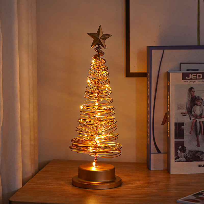 Adorno de mesa con luz en espiral de árbol de Navidad LED, lámpara de escritorio de hierro forjado para dormitorio, luz nocturna de ambiente navideño