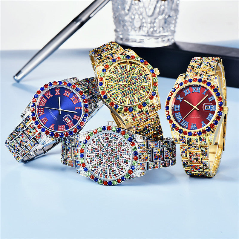 Hip Hop Hommes Mode Couleur Pleine Diamant Date Montres À Quartz