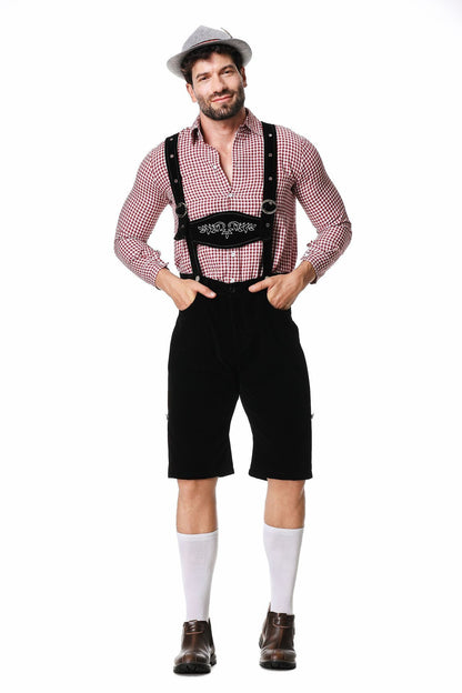 Costume traditionnel allemand de fête de la bière Chemise à carreaux d'Halloween Chapeau à bavette pour hommes Costume trois pièces Vêtements de performance