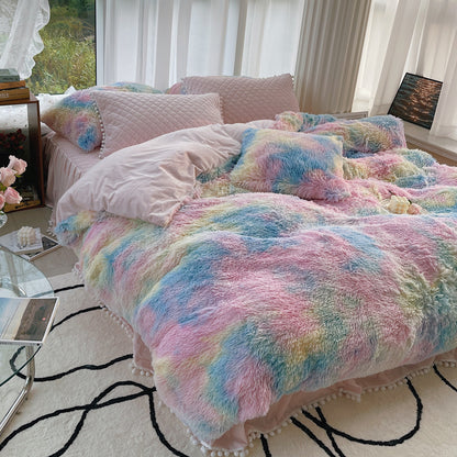 Lit d'hiver en fourrure de vison en fibre de lait Housse de couette longue en laine quatre pièces Velours corail Double face en peluche doublée en polaire Jupe de lit matelassée Style princesse