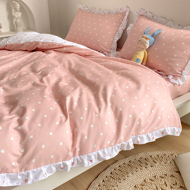 Drap de lit quatre pièces de style princesse, housse de couette, housse de lit en forme de cœur pour fille, costume d'été trois pièces