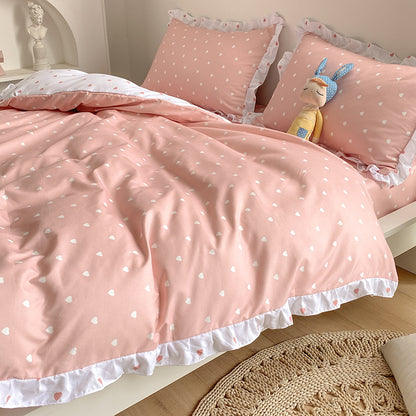 Sábana de cama de cuatro piezas estilo princesa, funda de edredón, funda de cama de corazón para niña, traje de verano de tres piezas