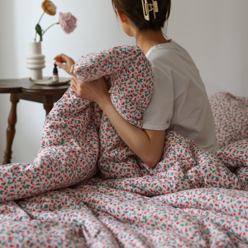 Housse de couette en coton tricoté de style pastoral français avec motif floral et plantes, draps de couchage nude