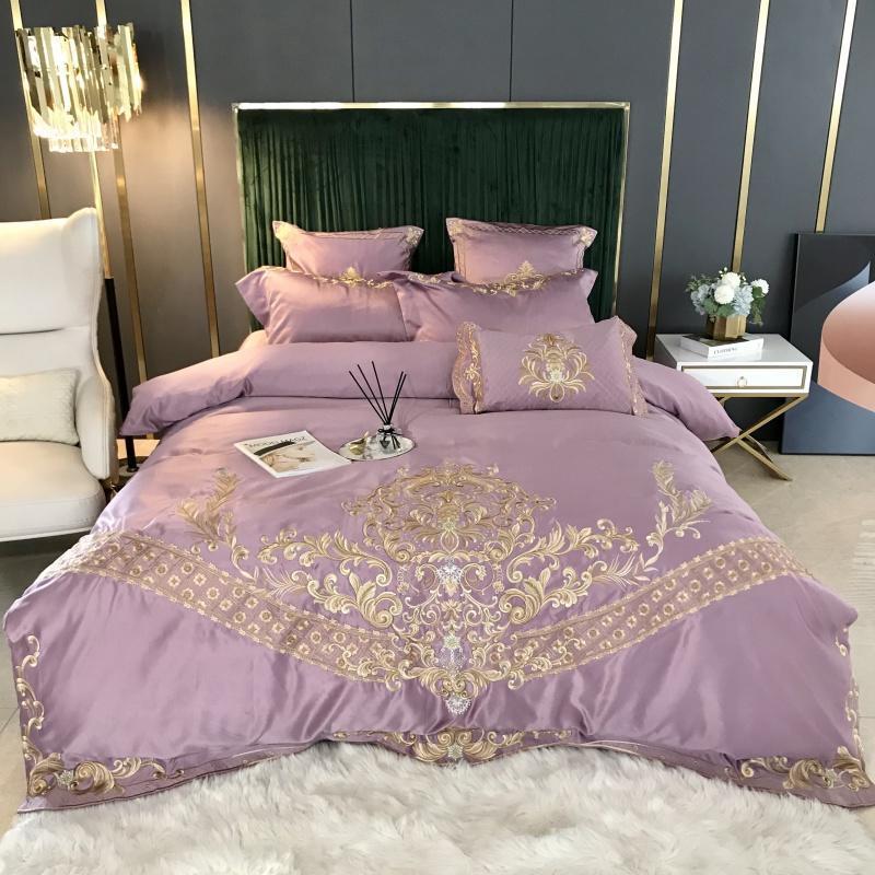 Parure de lit et housse de couette en coton Tencel brodée en quatre pièces