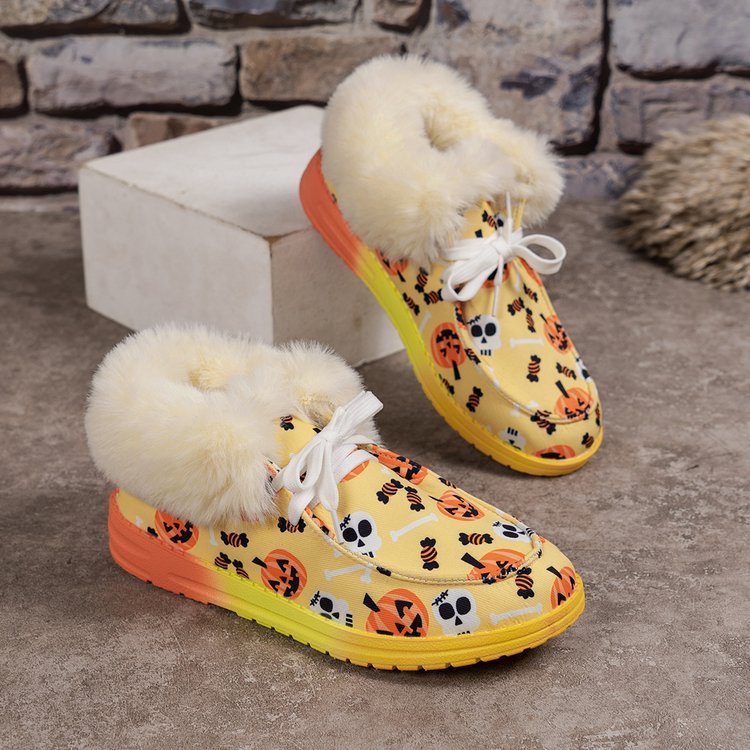 Chaussures de loisirs à talons hauts en peluche imprimées Halloween pour femmes