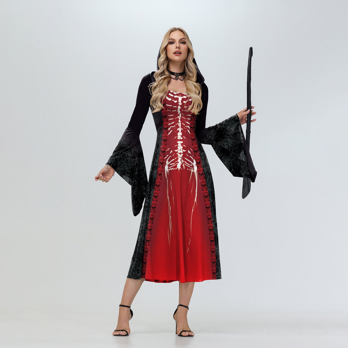 Robe à manches évasées avec impression numérique et chapeau de sorcière pour Halloween