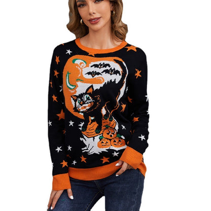 Loose Sweater Round Neck Pullover Halloween Jacquard Women's Sweater