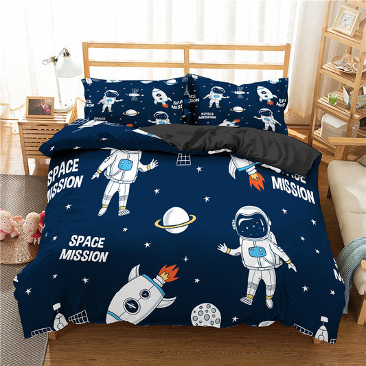 Juego de cama de dibujos animados, funda nórdica con astronauta aeroespacial, funda de edredón para cama doble