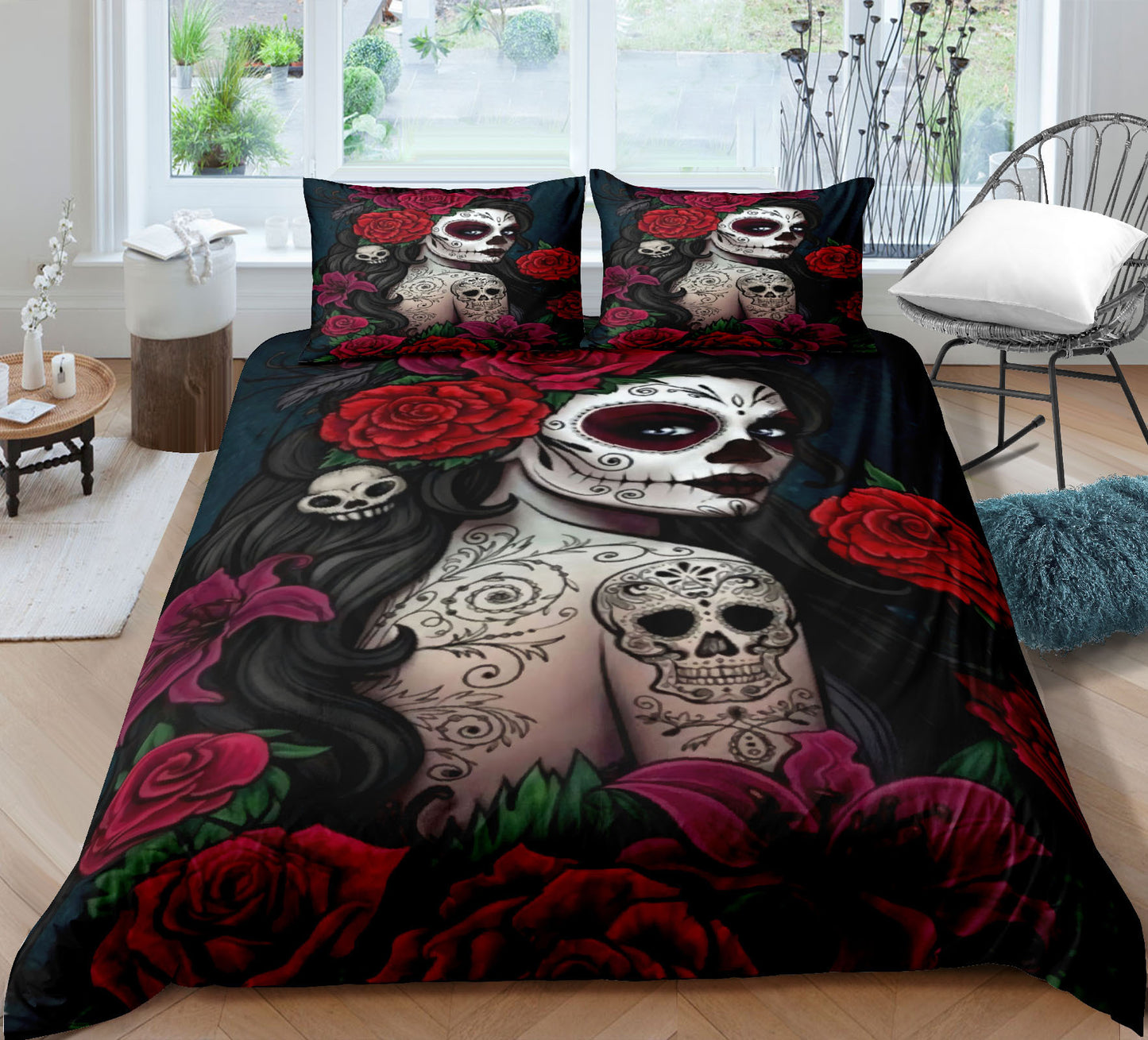 Juego de sábanas y fundas de edredón y almohadas con estampado digital 3D de calaveras de moda de tres piezas