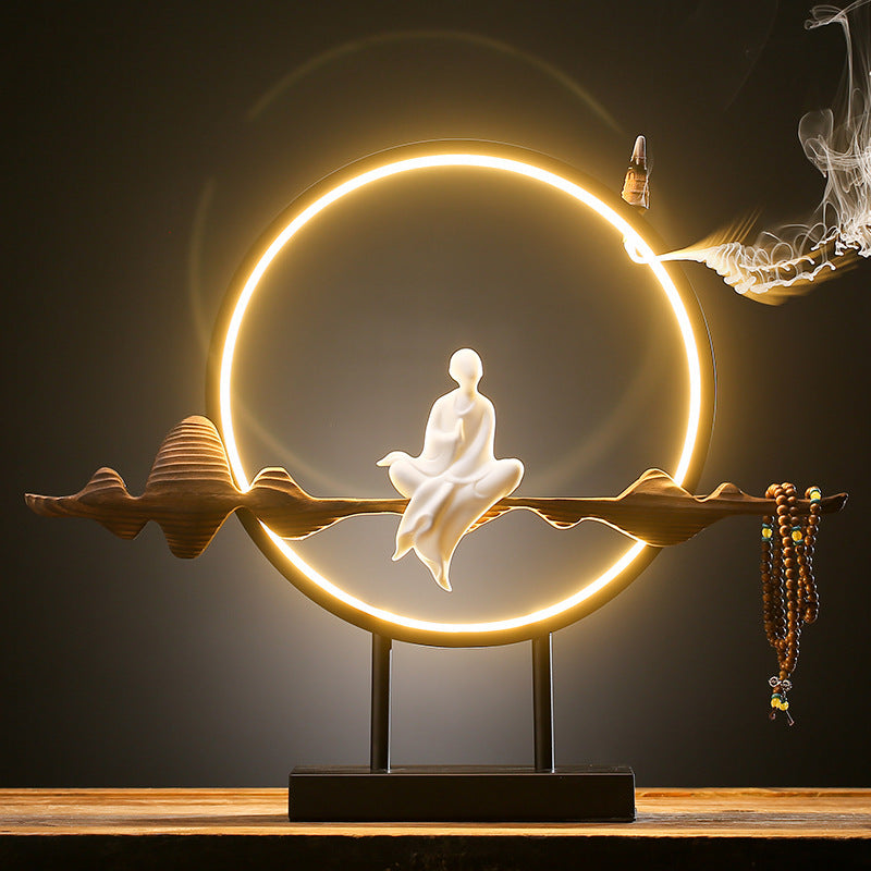 Nueva lámpara LED Zen china, círculo de madera desgastada, decoración de porcelana blanca, decoración creativa para mesa de salón de té y porche de casa