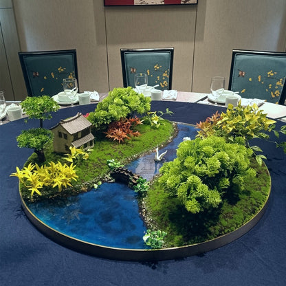 Juego de comedor con paisaje en miniatura redondo y flores decorativas con núcleo de mesa