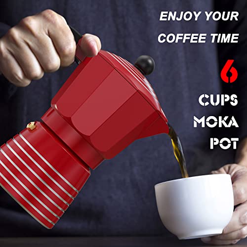 Machine à expresso sur cuisinière 6 tasses 300 ml, coffret cadeau en aluminium Moka Pot, café italien cubain Greca, facile à utiliser et à nettoyer – ensemble comprenant 2 tasses, cuillère, rouge, cadeaux parfaits pour les amateurs de café