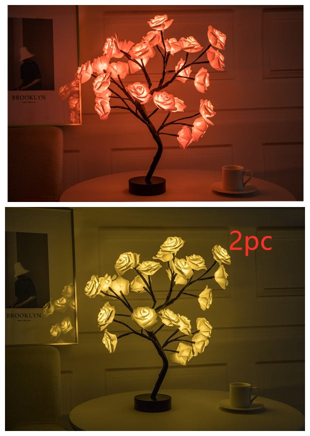 Lámpara de flores rosas, lámpara de mesa LED con batería USB, luces nocturnas de árbol bonsái, guirnalda de luces decorativas para dormitorio, decoración del hogar