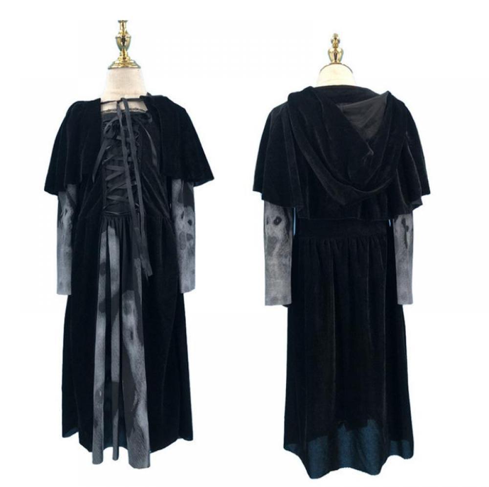 Disfraz de bruja gótica medieval para mujer, disfraz de Maléfica, terrorífico, para carnaval, fiesta, fantasma, vestido largo negro con capucha