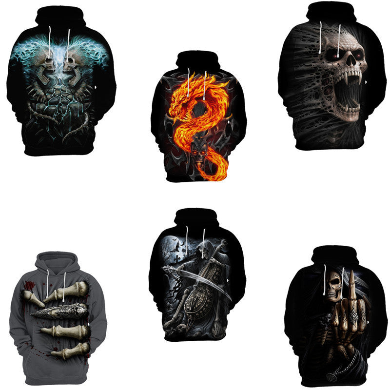 New Halloween Christmas Eve Skull 3D Digital Printed Fashion Brand Men's Pullover Hooded Sweater