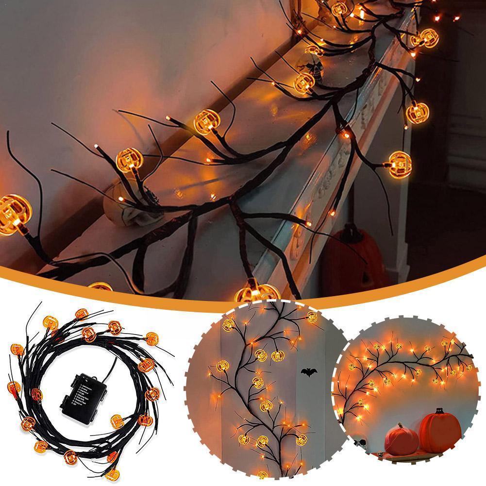 Guirlande lumineuse LED en forme de vigne de saule pour Halloween, décoration de citrouille chauve-souris de dessin animé Cool pour décoration intérieure et extérieure de maison de fête