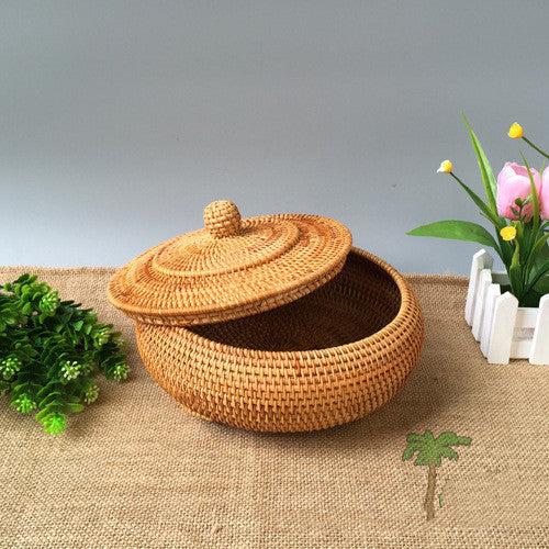 Round Rattan Boxes with Lid Hand-Woven Multi-Purpose Wicker Tray 11 Inch Picnic Food Bread Table Storage Basket