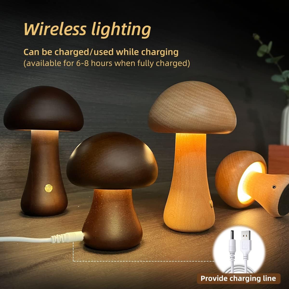 INS Luz de noche LED de seta linda de madera con interruptor táctil Lámpara de mesa de noche para dormitorio Habitación de niños Lámparas de noche para dormir Decoración para el hogar