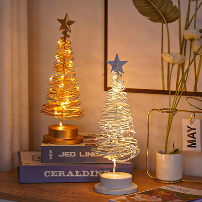 Adorno de mesa con luz en espiral de árbol de Navidad LED, lámpara de escritorio de hierro forjado para dormitorio, luz nocturna de ambiente navideño