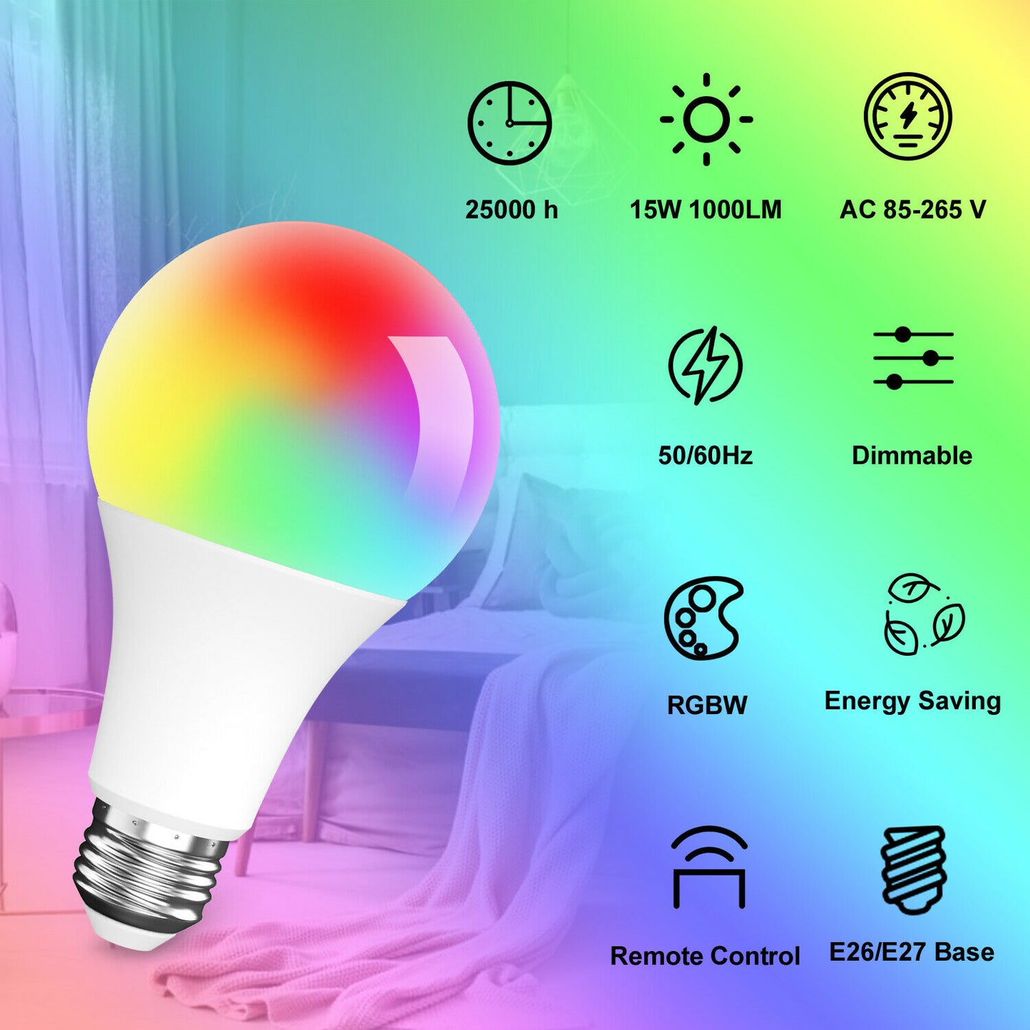 Bombilla LED de 15W RGB, lámpara regulable remota inalámbrica inteligente, cambio de Color, WiFi inteligente, bombilla LED multicolor para Alexa