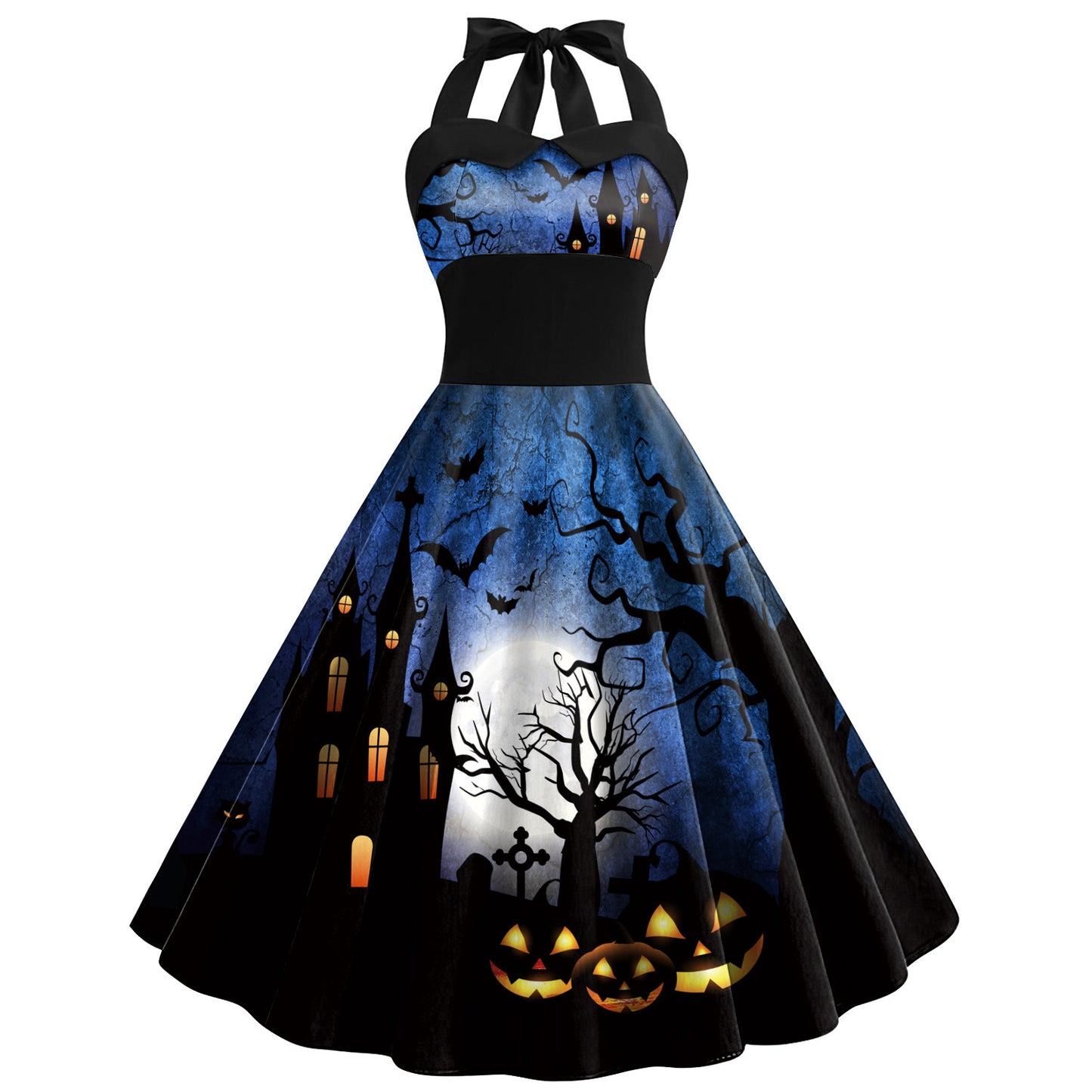 Robe d'Halloween Crâne Toile d'araignée Imprimé Vêtements Femme Jupe taille haute à bretelles