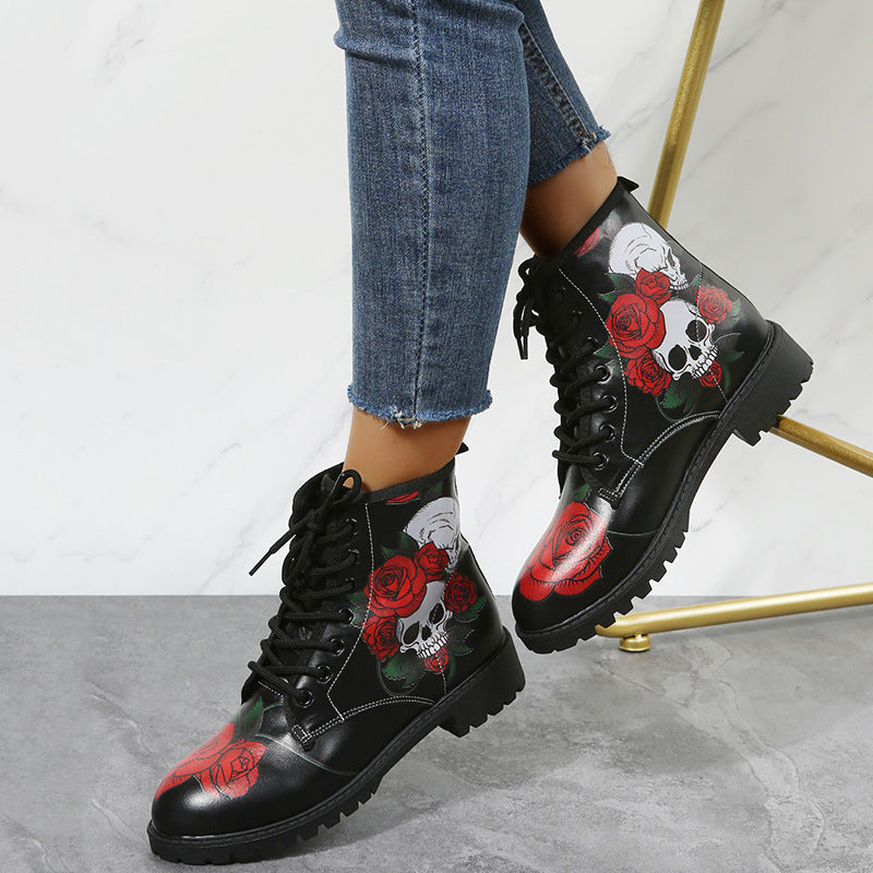 Botas de Halloween con cordones y estampado de flores rosas para mujer