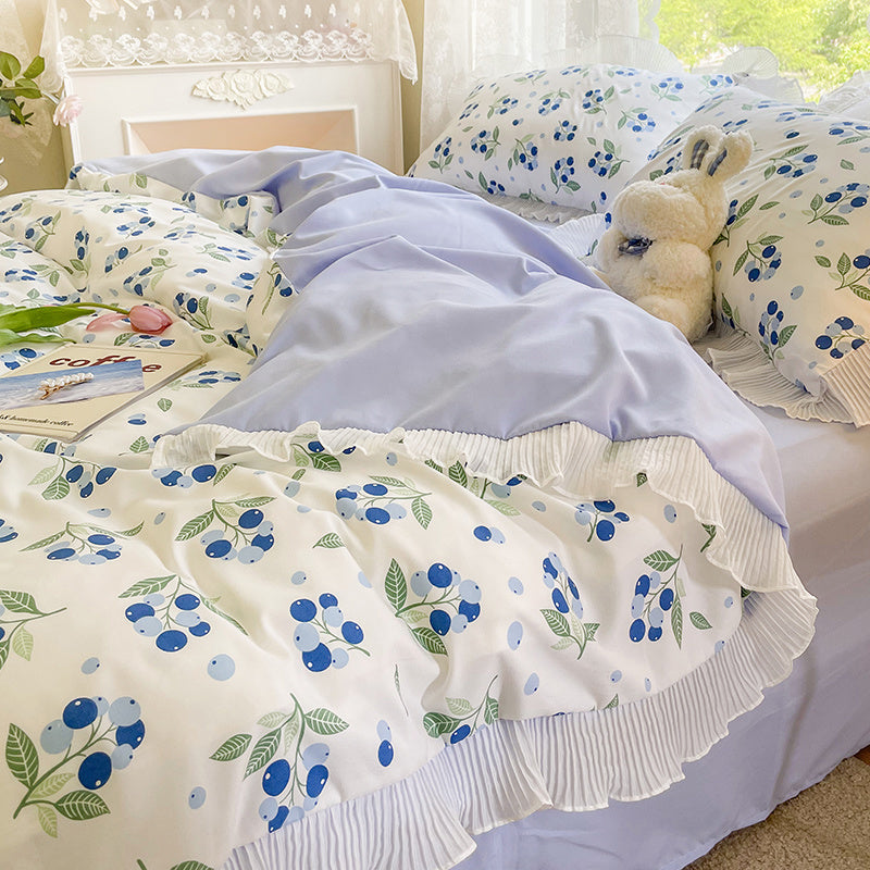 Housse de couette en coton lavé à petites fleurs, ensemble de draps de lit quatre pièces