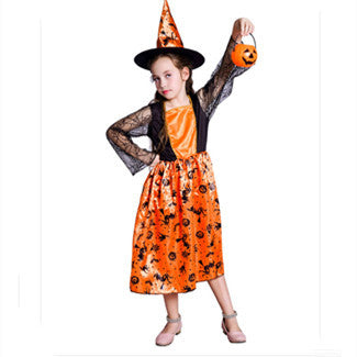 Robe de sorcière citrouille pour petite fille pour Halloween, costume de cosplay de performance sur scène de sorcière pour fille