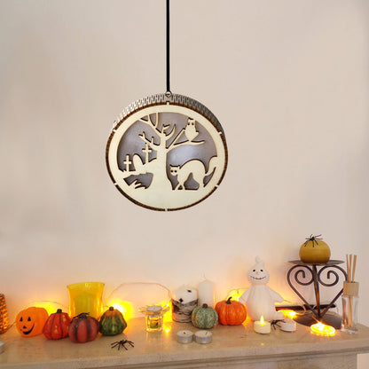 Colgante de luz LED de madera para Halloween, redondo, con forma de gato negro, para ordenador, con forma de bruja, mago, calabaza, casa embrujada