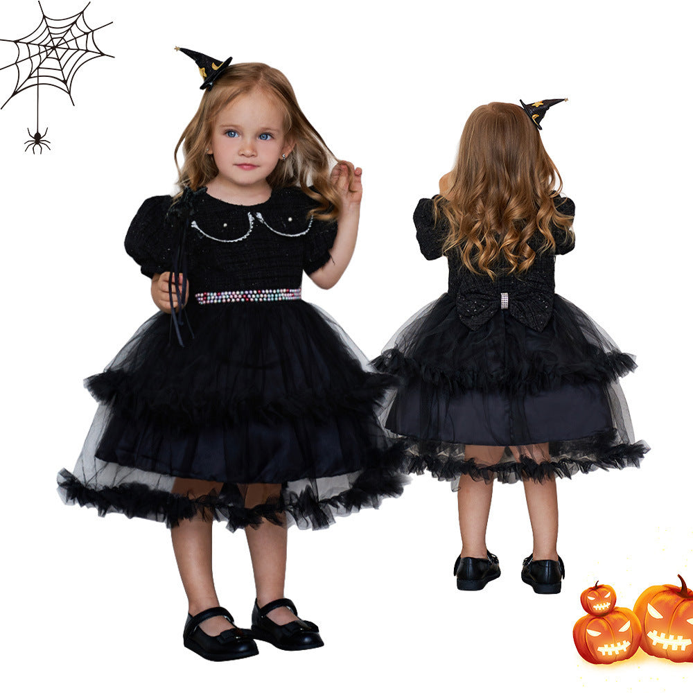 Vestido de Halloween con costura de malla y mangas abullonadas para niñas