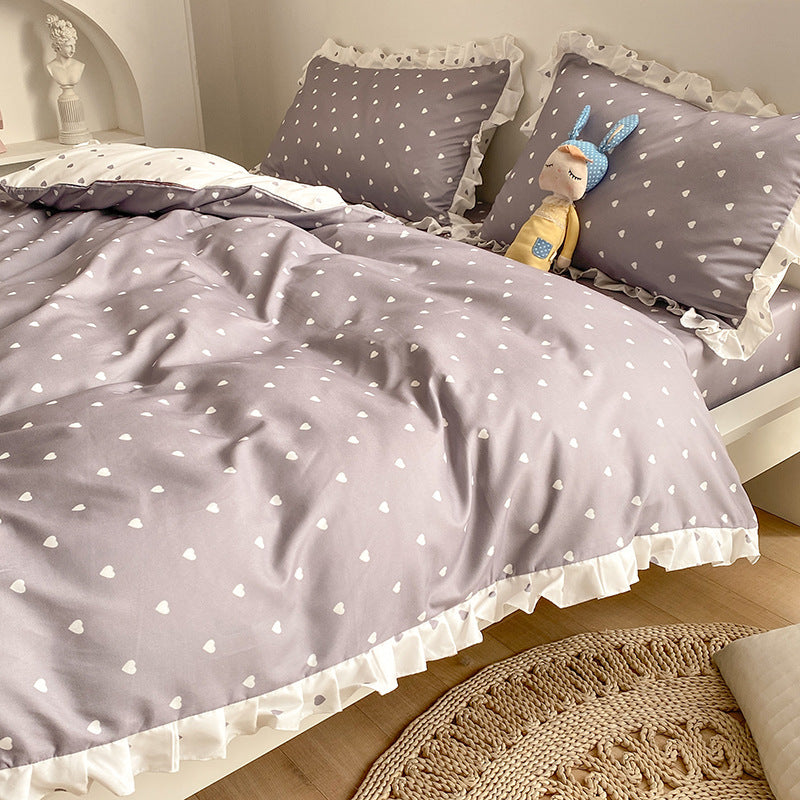 Drap de lit quatre pièces de style princesse, housse de couette, housse de lit en forme de cœur pour fille, costume d'été trois pièces