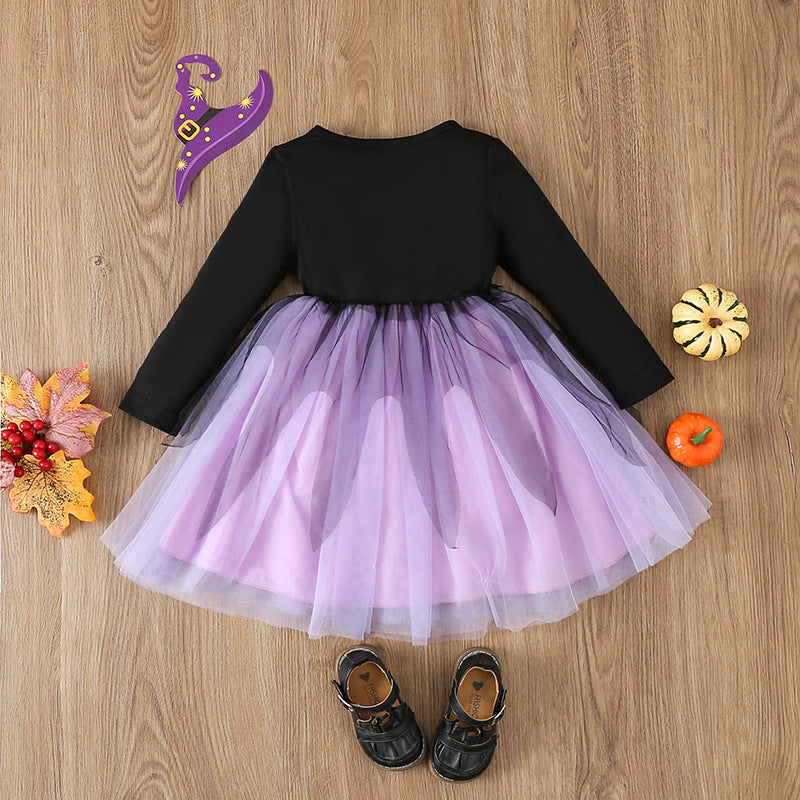 Vestido camisero de moda para niños, versátil, con costura a la moda, con tema de Halloween para niñas