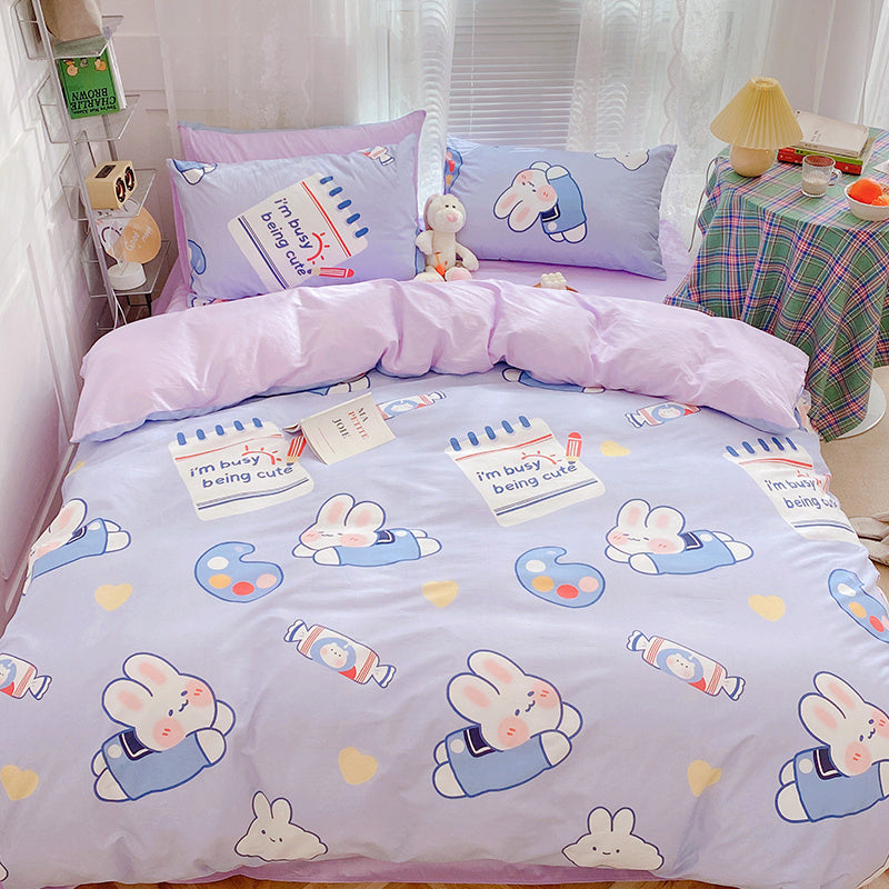 Parure de lit en coton quatre pièces pour fille, motif cœur, dessin animé, housse de couette, linge de lit en pur coton